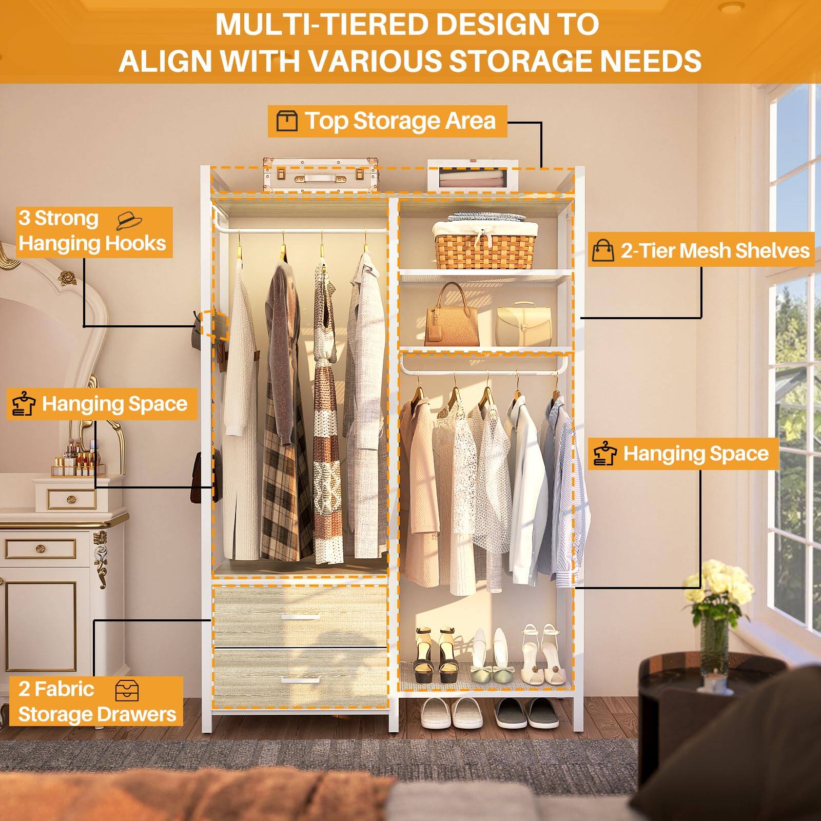 MULTI-TIERED DESIGN TO ALIGN WITH VARIOUS STORAGE NEEDS

- Top Storage Area
- 3 Strong Hanging Hooks
- Hanging Space
- 2-Tier Mesh Shelves
- Hanging Space
- 2 Fabric Storage Drawers
