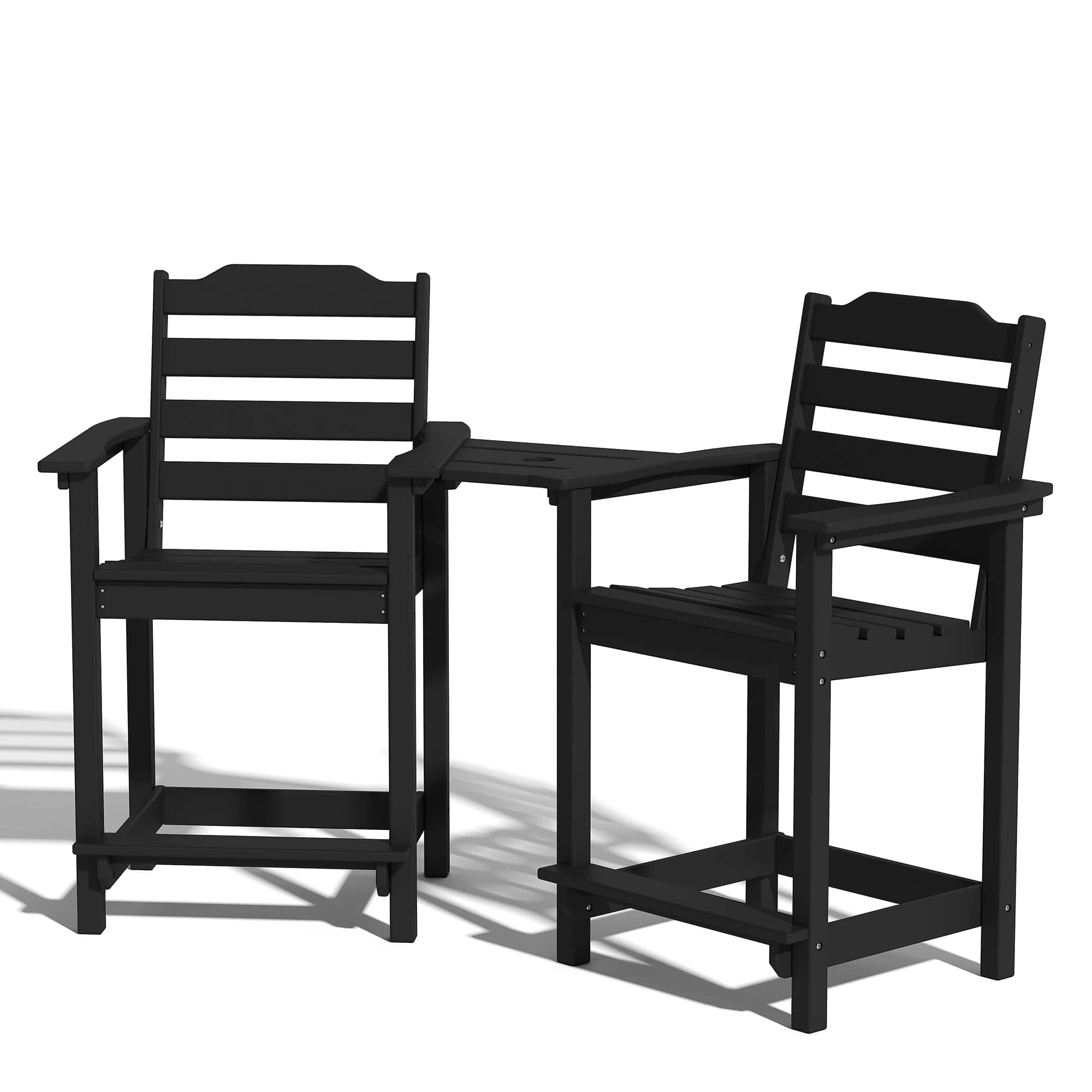 Front. Decksplore - 2-Pack HDPE Tall  Chairs with Connecting Tray & Patio Footrest All-Weather Outdoor Use - Black.