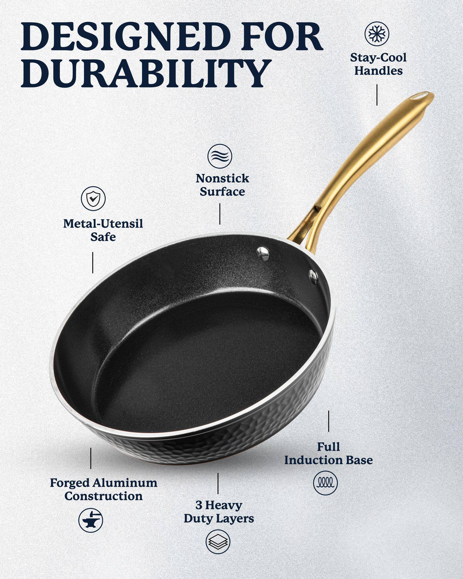 DESIGNED FOR DURABILITY

- Stay-Cool Handles
- Nonstick Surface
- Metal-Utensil Safe
- Forged Aluminum Construction
- Full Induction Base
- 3 Heavy Duty Layers