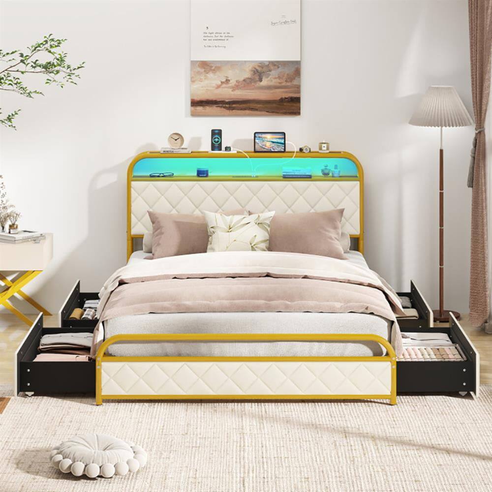 Alt View 4. Kadyn - Platform Bed Frame, Bedroom Bed Frame,Twin/Full/Queen Size Bed Frame with LED Lights and Charging Station Gold-Full Size - Gold.