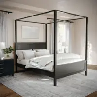 Martha Stewart - Hayes Wooden Queen Size Canopy Platform Bed with Headboard and Footboard in Dark Gray - Dark Gray - Front_Zoom