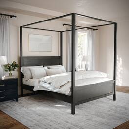 Martha Stewart - Hayes Wooden Queen Size Canopy Platform Bed with Headboard and Footboard - Dark Gray