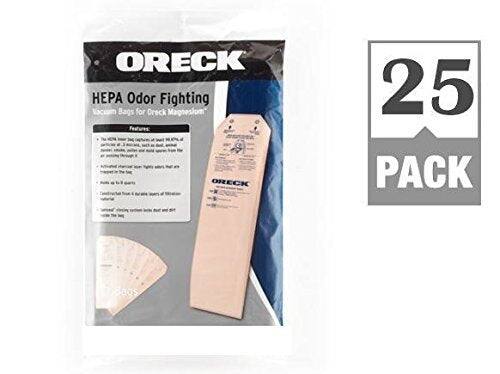 ORECK  
HEPA Odor Fighting  
Vacuum Bags for Oreck Magnesium™  

Features:  
- The HEPA filter captures 99.97% of particles as small as 0.3 microns, including dust, pollen, mold, bacteria, and pet dander.  
- The odor-fighting filter neutralizes odors and captures pet dander.  
- Holds up to 8 quarts of debris.  
- Constructed from 4 layers of material for superior filtration.  
- The bag is easy to use and fits all Oreck Magnesium™ models.  

25 PACK