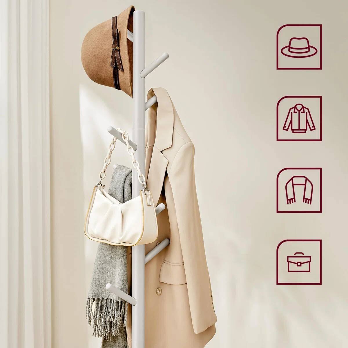 Left. SlickBlue - Modern Solid Wood Hall Tree Coat Rack with Hat Stand for Home Organization - Light Grey.