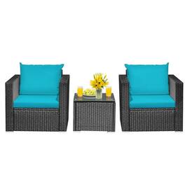 Kadyn - 3 Pieces Patio Wicker Conversation Set with Coffee Table and Cushions-Turquoise - Blue