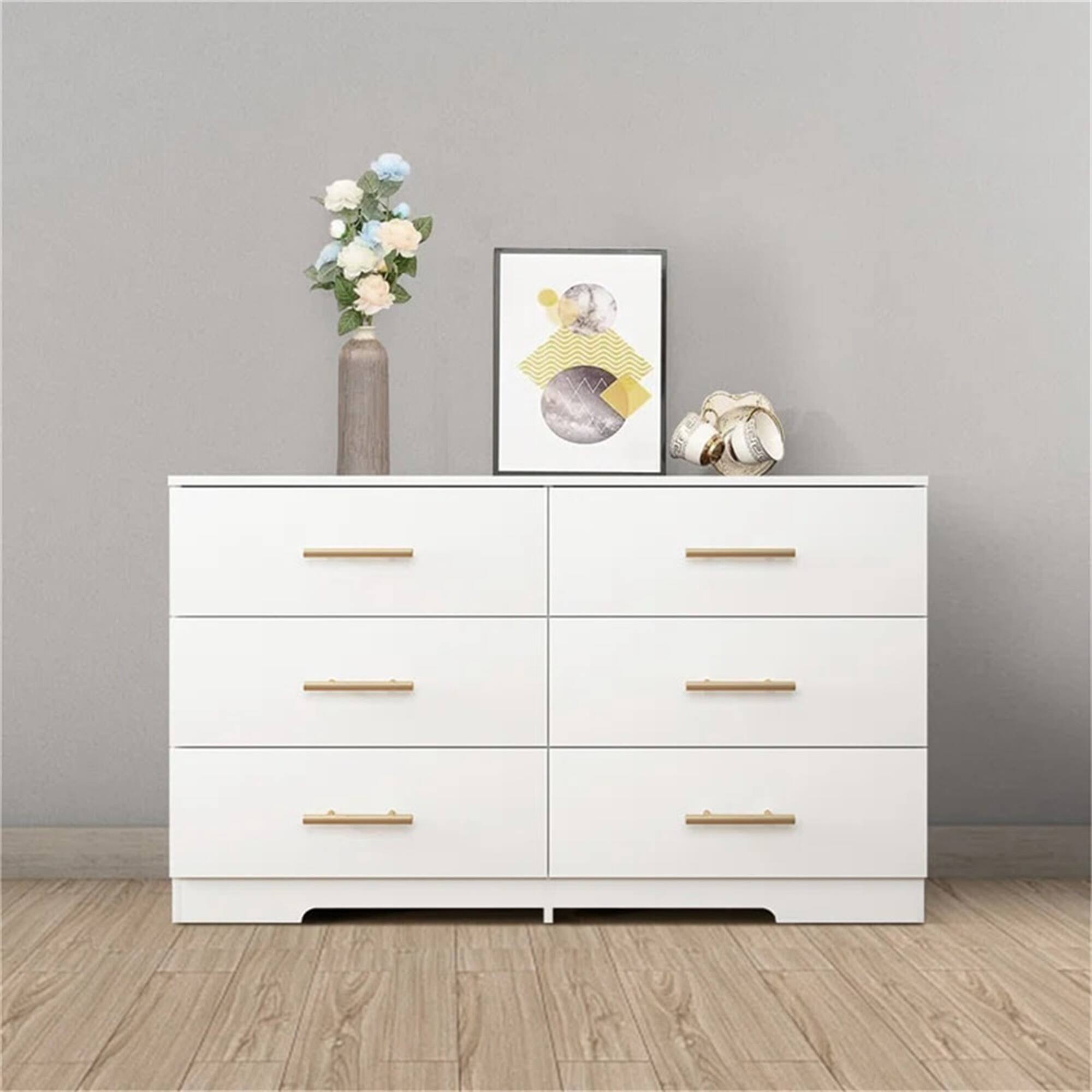 Alt View 1. Spaco - Modern 6 Drawer Dresser Table with Gold Handles, Minimalist Bedroom Vanity and TV Stand for Living Room - White.
