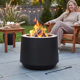 SUNJOY - Argyle 21 in. Stainless Steel Wood-Burning Smokeless Fire Pit with PVC Cover and Poker, Black