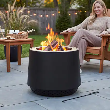 Front. SUNJOY - Sunjoy Argyle 21 in. Stainless Steel Wood-Burning Smokeless Fire Pit with PVC Cover and Poker, Black.