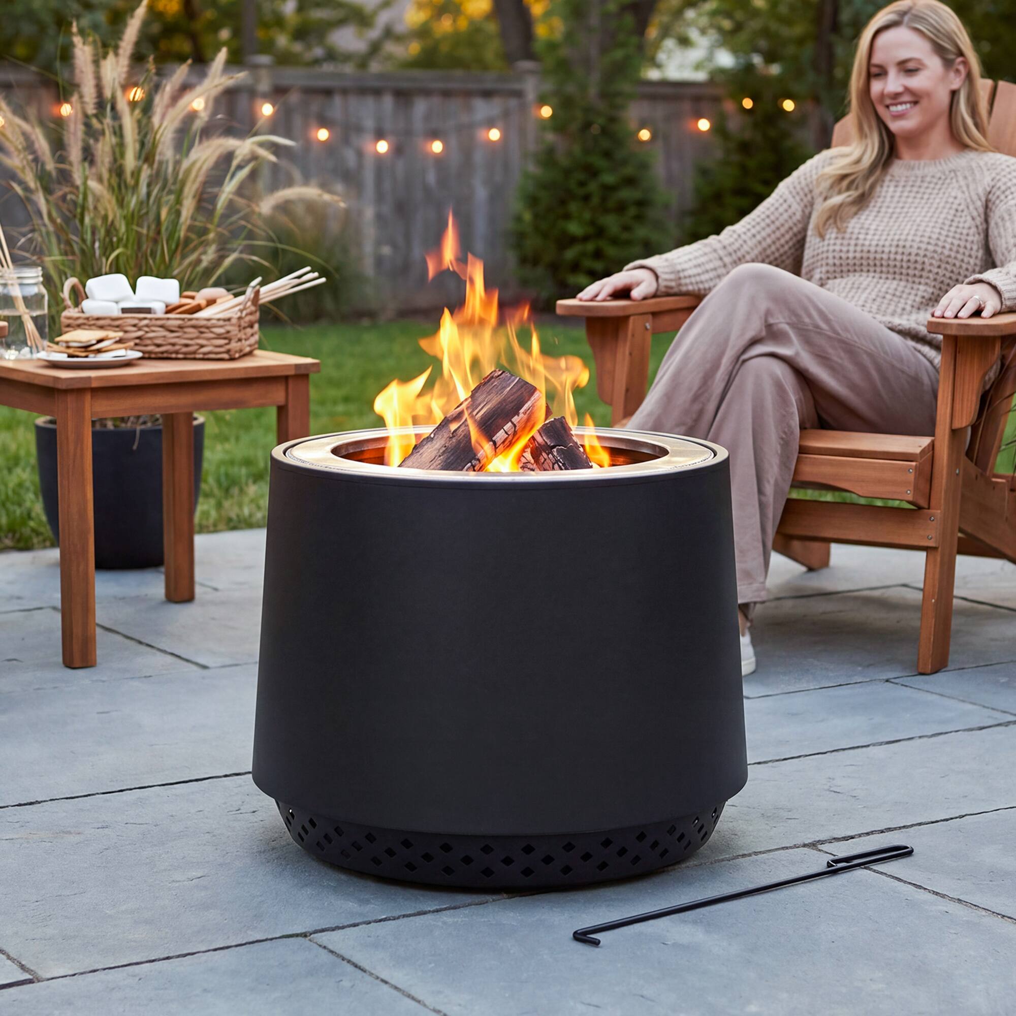 Front. SUNJOY - Sunjoy Argyle 21 in. Stainless Steel Wood-Burning Smokeless Fire Pit with PVC Cover and Poker, Black.