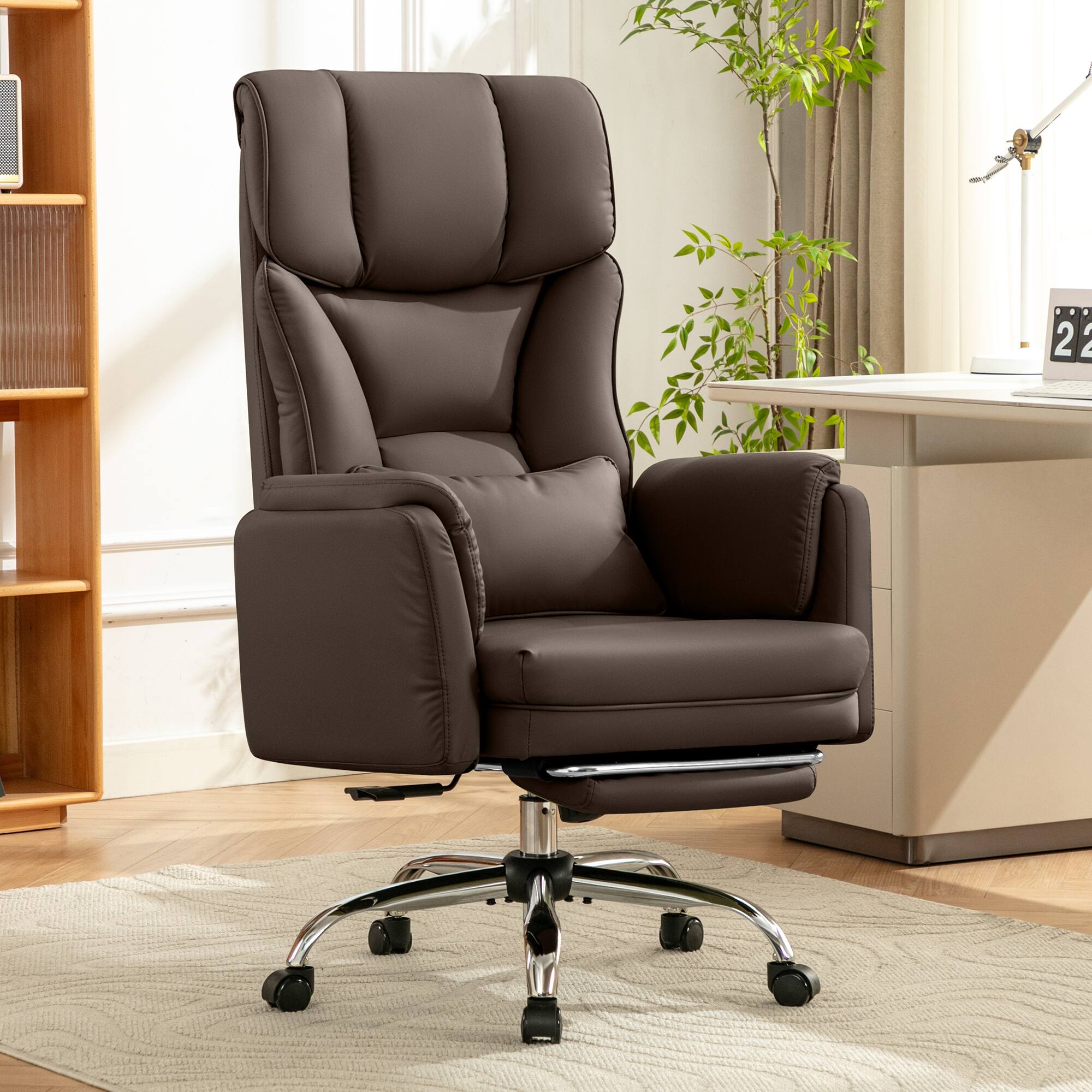 Angle. KERDOM - Ergonomic Big Office Leather Chair with Expandable Arms, Reclining Cross Legged Chair with Footrest Wide Seat for Gaming - Brown.