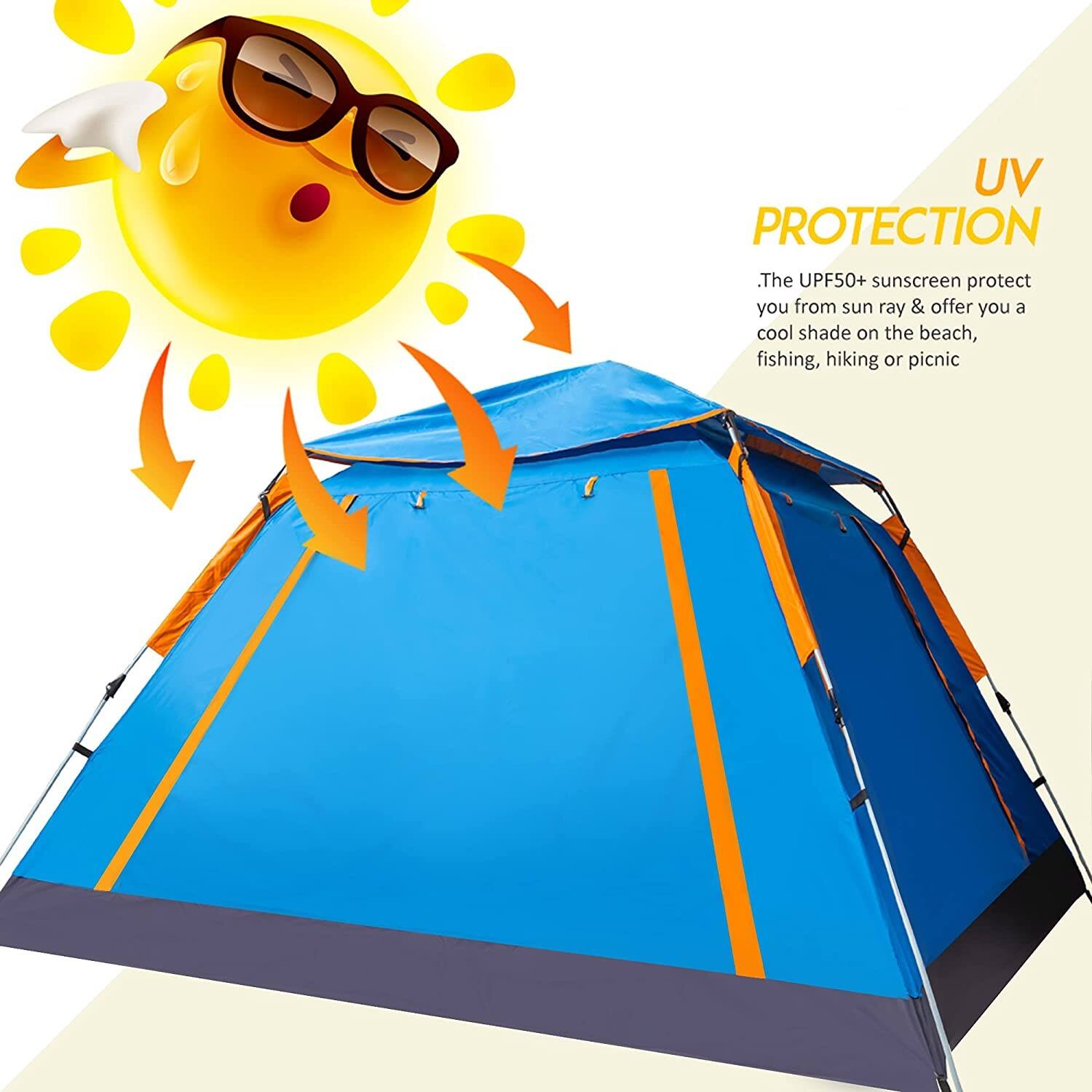 UV PROTECTION  
The UPF50+ sunscreen protects you from sun rays and offers you a cool shade on the beach, fishing, hiking, or picnic.
