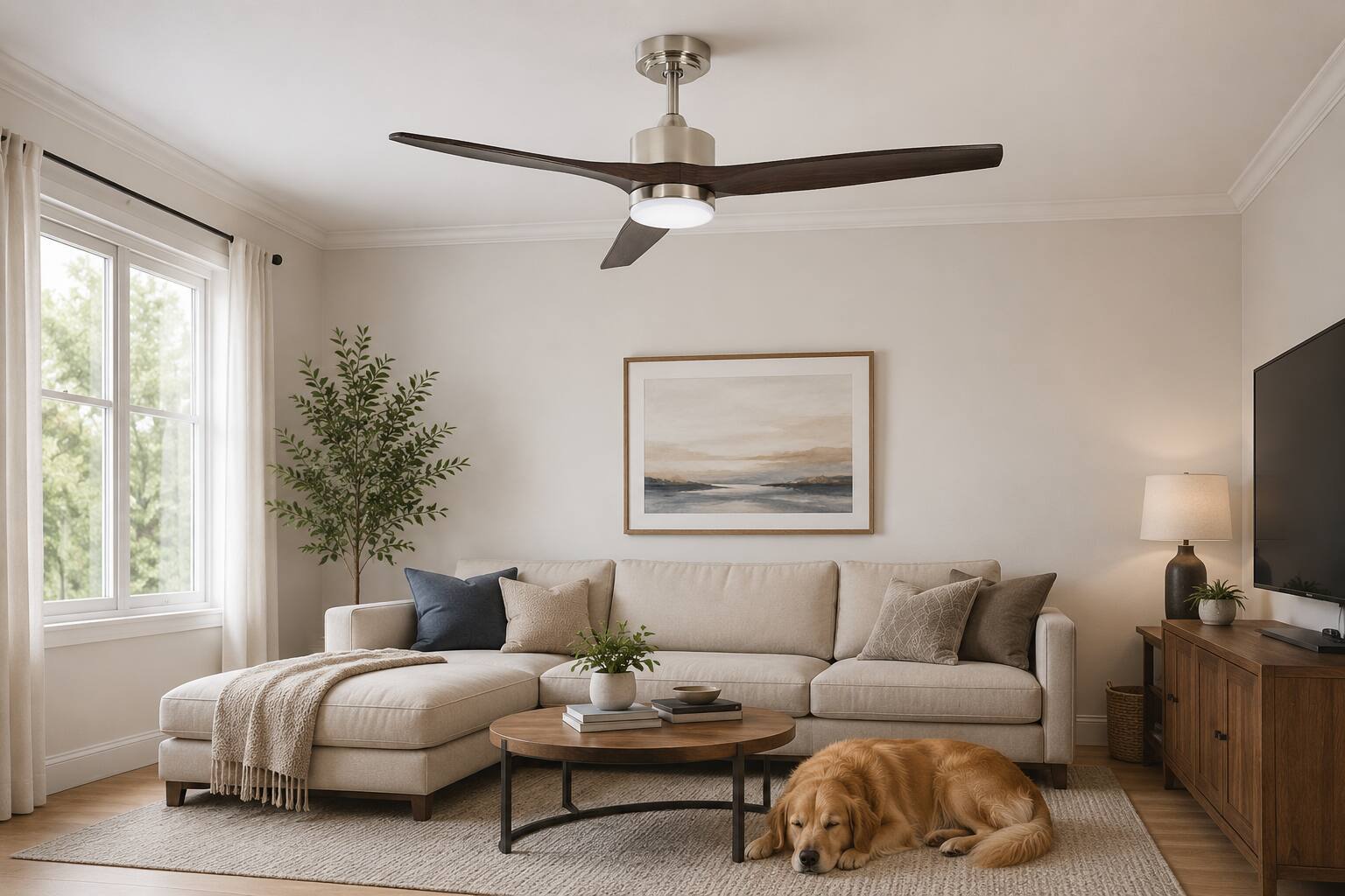 Left. ENLIGHT - 52" Smart DC Ceiling Fan, CCT & Dimmable Light, Efficient & Quiet DC Motor, Reverse Mode, Matter, 3-Blade, Indoor Rated - Walnut Woodgrain.