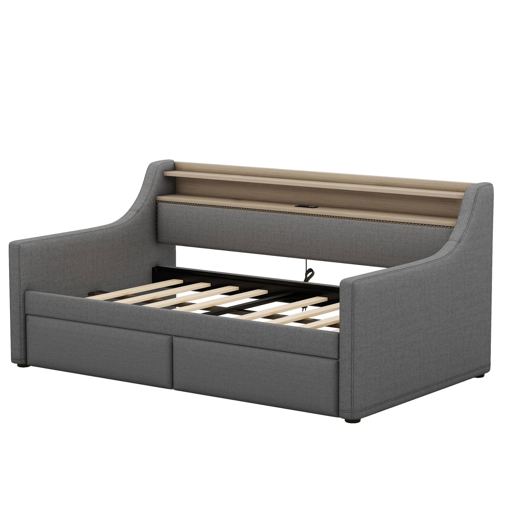Angle. PexFix - Twin Daybed with Storage Drawers, LED Lights & Charging Station, Upholstered Bed for Guest Room - Gray.