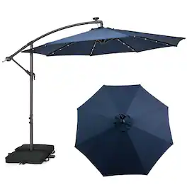 Costway - Patio 10FT Hanging Offset Umbrella 32 LED Lights Sand Bag Outdoor Cross Base - Navy