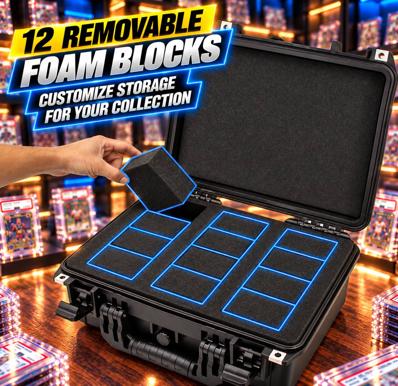 12 REMOVABLE FOAM BLOCKS  
CUSTOMIZE STORAGE FOR YOUR COLLECTION
