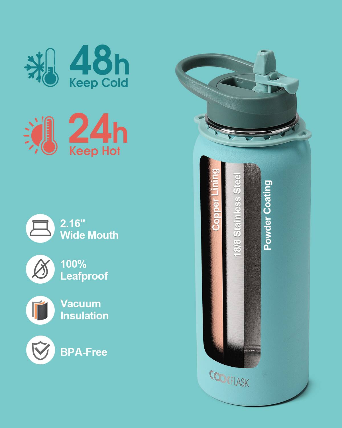 48h Keep Cold  
24h Keep Hot  
2.16" Wide Mouth  
100% Leafproof  
Copper Lining  
18/8 Stainless Steel  
Powder Coating  
Vacuum Insulation  
BPA-Free  
COOKFLASK