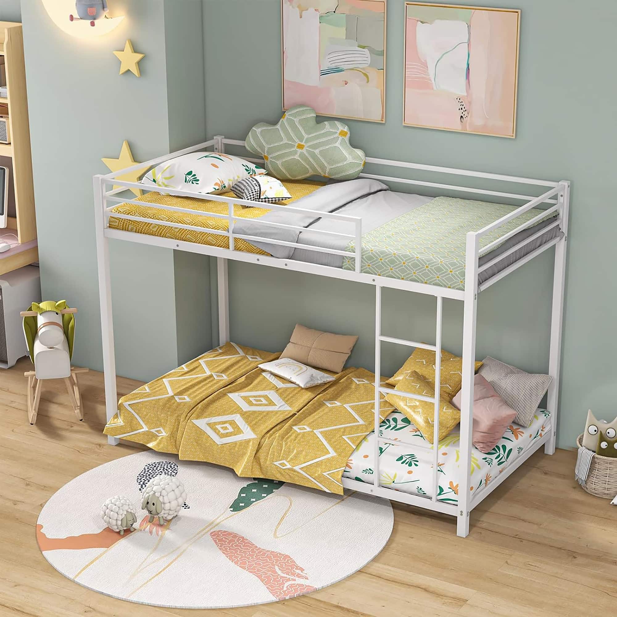 Front. Gymax - Gymax Twin Over Twin Low Metal Bunk Bed with Ladder Guardrails for Teens Adults White - White.