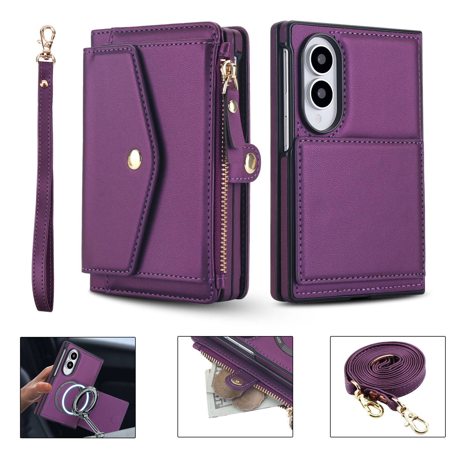 Alt View 4. UUCOVER - Magnetic Leather Detachable Zipper Wallet RFID Blocking Stand Case for Samsung Galaxy Z Fold 8 with Wrist/Shoulder Strap - Purple.