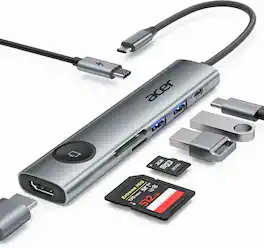 Acer - USB C Hub, 7 in 1 4K@60Hz Type C to HDMI Adapter with 5Gbps USB 3.0 & Type-C Data, 100W PD, SD Card Reader - Gray