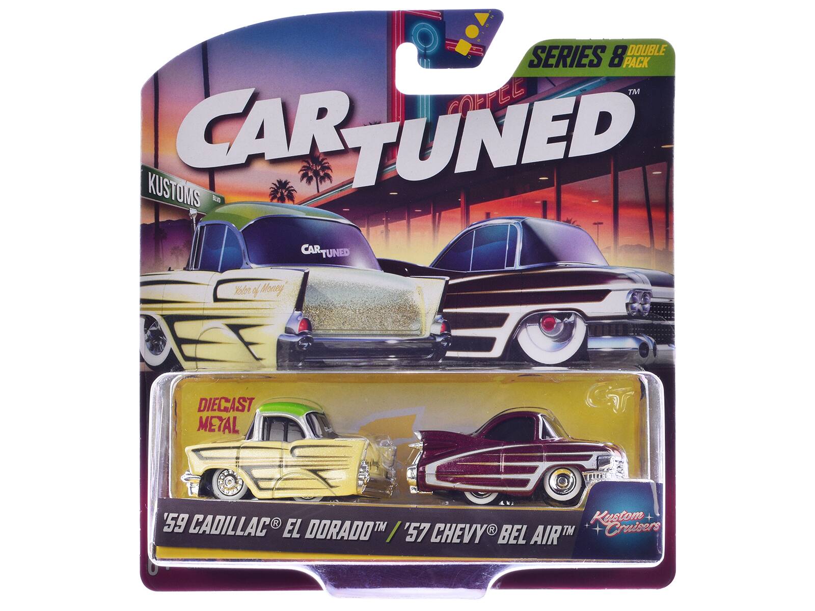 DOUBLE SERIES 8 PACK TM COFFEE CAR TUNED KUSTOMS 1 CAR TUNED Xolor of Money DIECAST METAL Kustom + '59 CADILLAC EL DORADO TM + '57 CHEVY BEL AIR TM