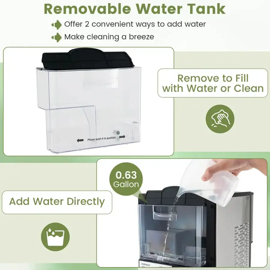 Removable Water Tank Offer: 2 convenient ways to add water, Make cleaning a breeze, Remove to Fill with Water or Clean, push it in position Please. 0.63 Gallon Add Water Directly.