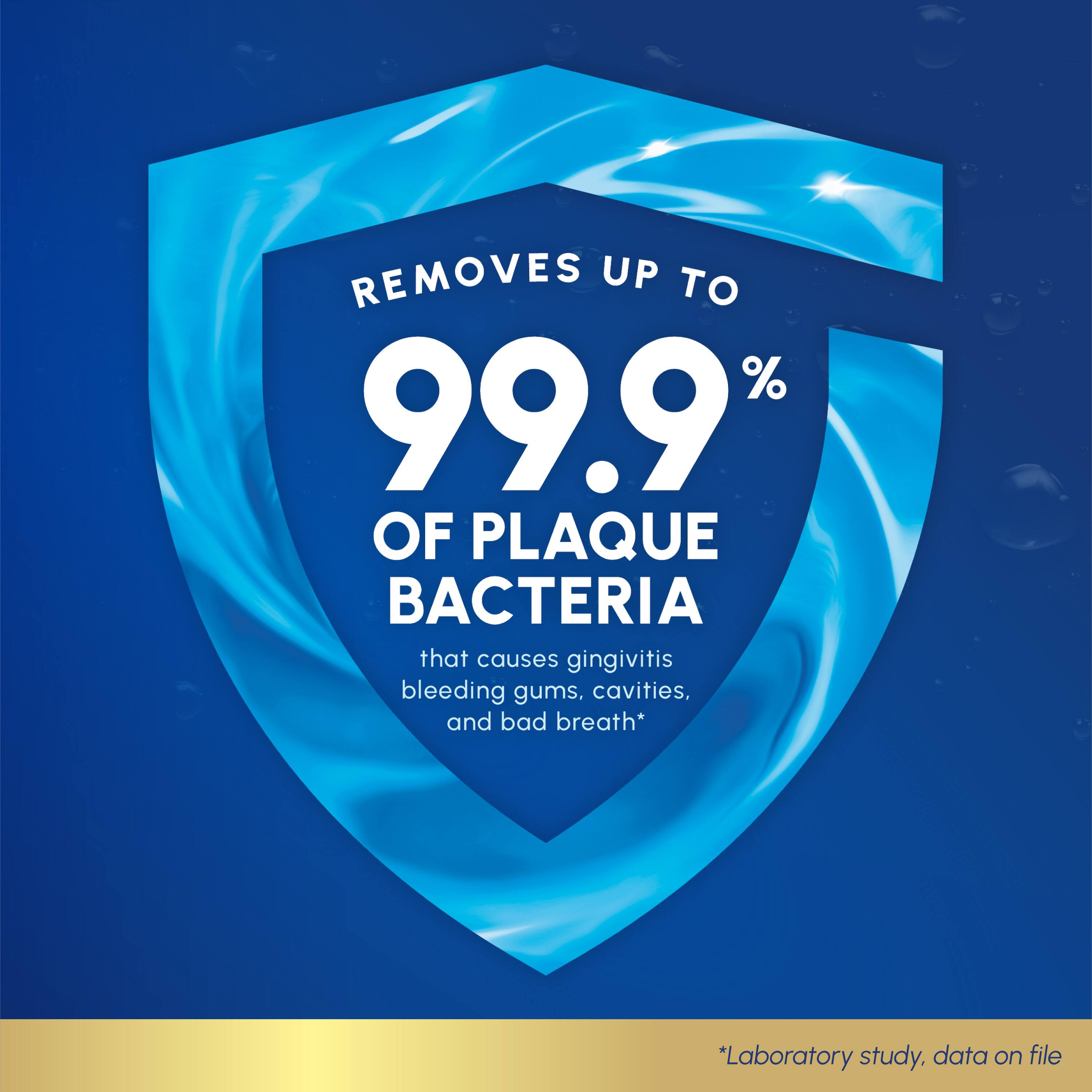 Removes up to 99.9% of plaque bacteria that causes gingivitis, bleeding gums, cavities, and bad breath*  
*Laboratory study, data on file