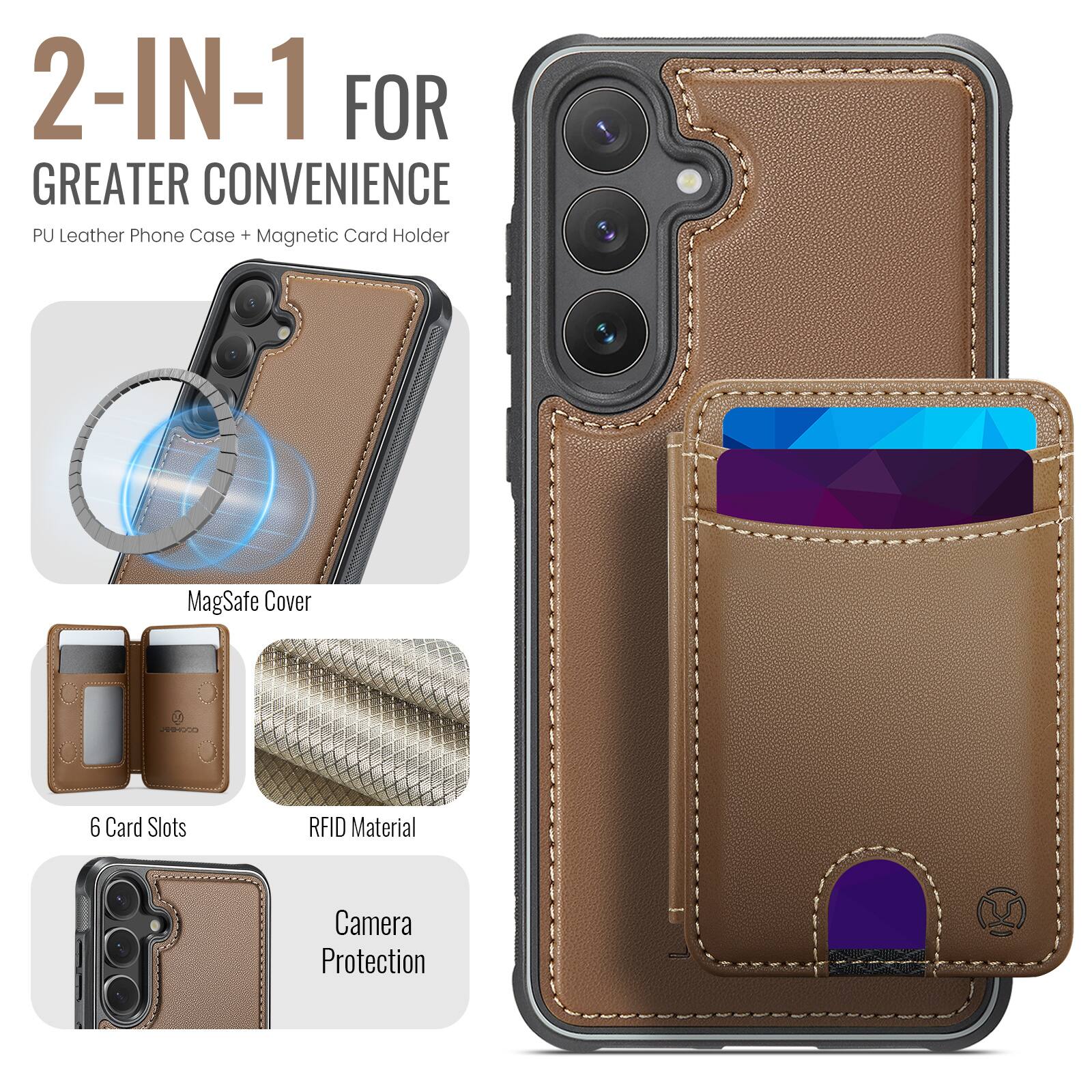 2-IN-1 FOR GREATER CONVENIENCE  
PU Leather Phone Case + Magnetic Card Holder  

- MagSafe Cover  
- 6 Card Slots  
- RFID Material  
- Camera Protection