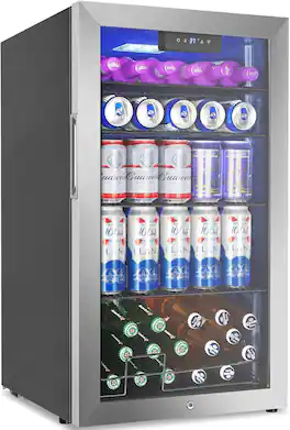 HOOURE - 128Cans 3.2 Cu.Ft Glass Door Mini Fridge for Drink Beer Soda Wine, with 4 Adjustable Removable Shelves - Stainless Steel