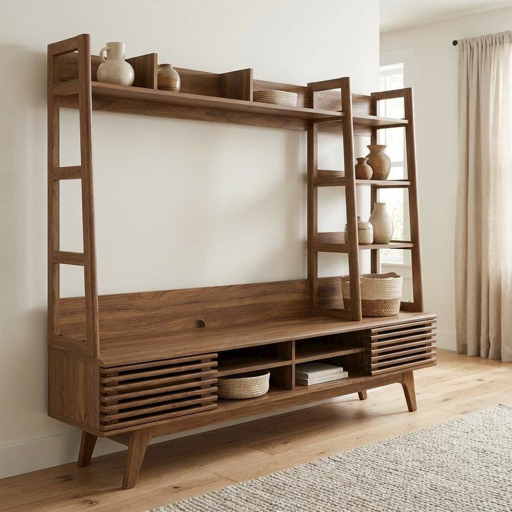 Left. FurniFact - Brown Wood TV Stand Entertainment Center with Spacious Surface - Brown.