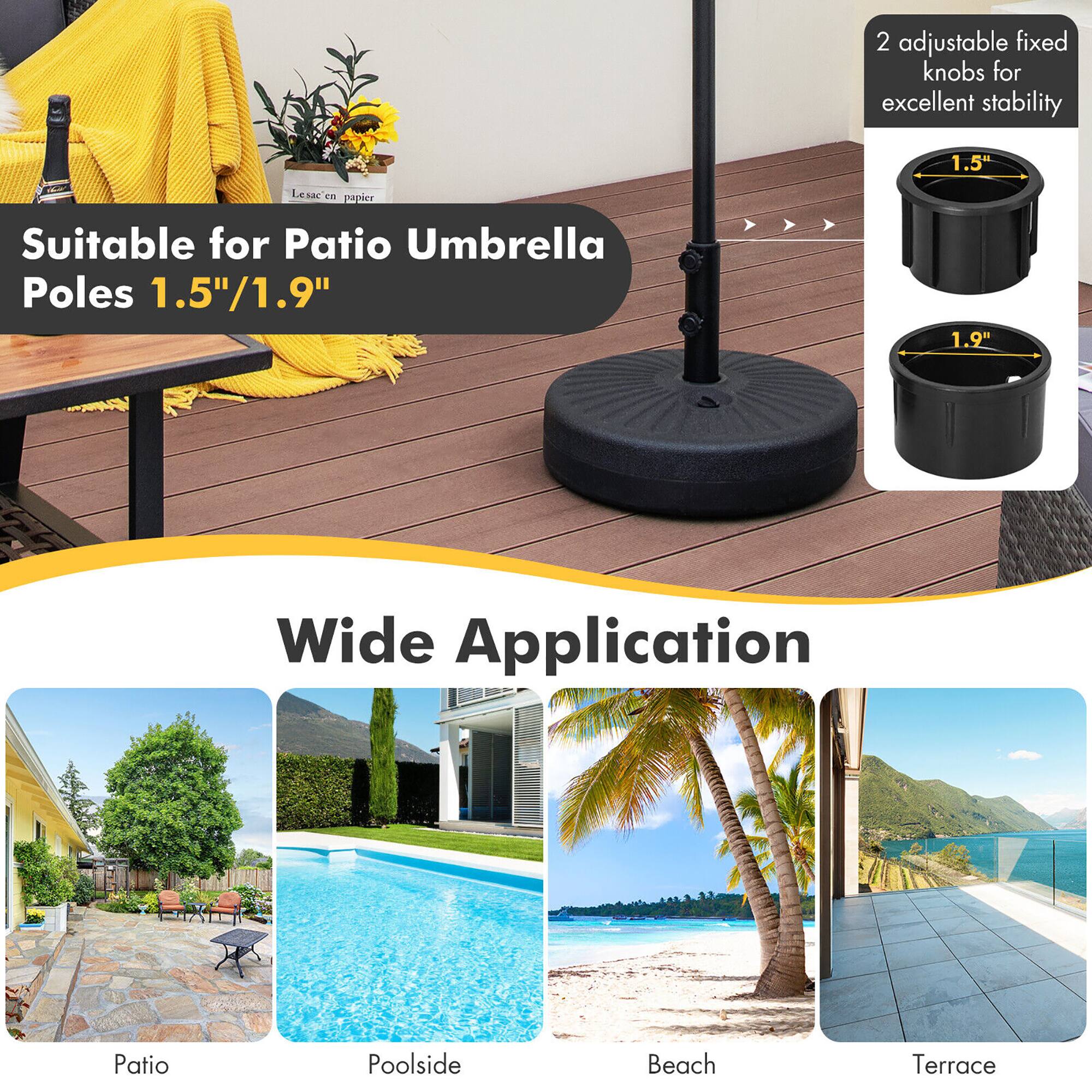 2 adjustable fixed knobs for excellent stability

Suitable for Patio Umbrella Poles 1.5"/1.9"

Wide Application

Patio  
Poolside  
Beach  
Terrace