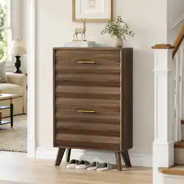 Loheer - wood slim flip-top shoe cabinet mid-century modern 23.6-inch - Walnut