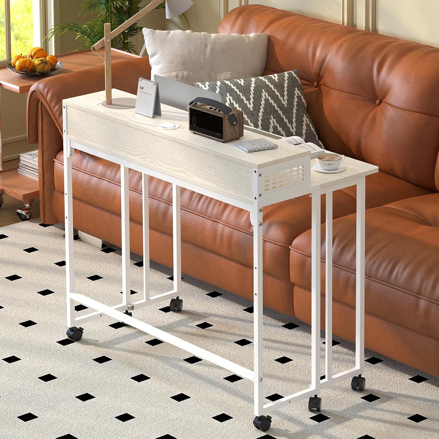 Zell Electronics - 39.4 Inch Rolling DeskFolding Table with Shelf for Couch, Bedside, or Small Home Office - Beige
