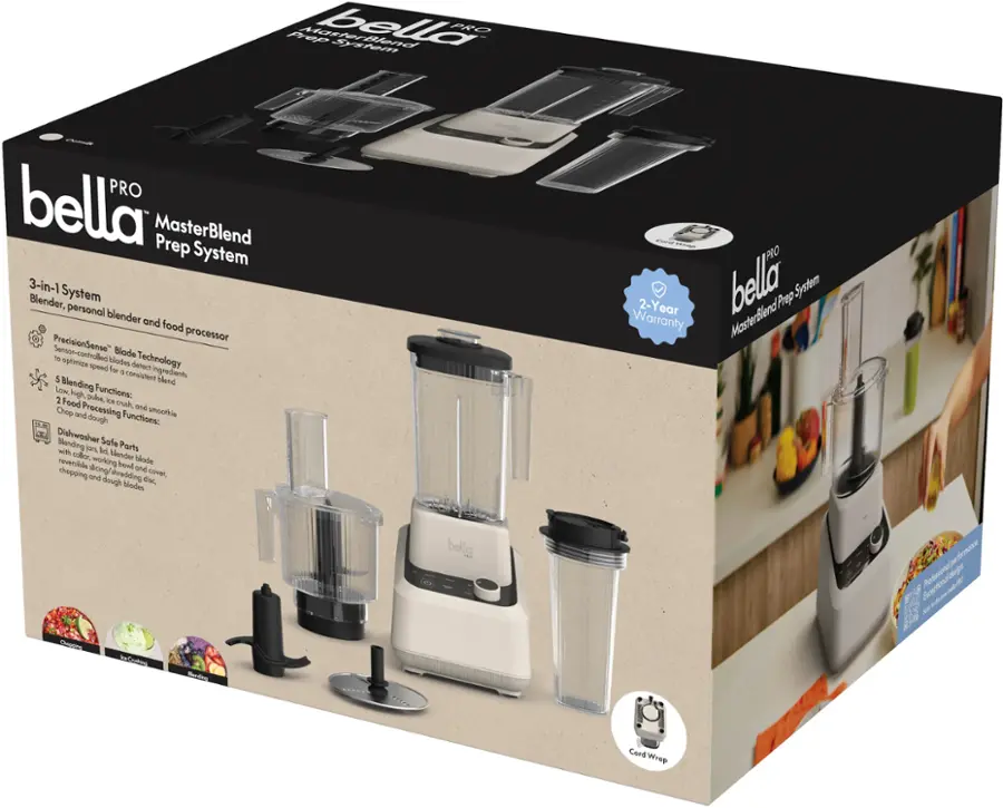 Pep Masterfion belle System PRO PRO bella MasterBlend Prep System 3-in-1 Blender, System personal blender and food PrecisionSense" processor Sensor-controlled W Blade optmize spsed blades for detect Technology 5  Consistent ingredients Blending bland Low high Functions: 2 Food pulse Kh crush, ad Chop and Processing dough Functions: smosie Dishwasher Safe Bending wih jon Md Ports collor blender blode reversible grohow wod cn and cover, chopping wd aredding dvt. dough blodes   PRO 2-Year bella MasterBlend Prep Syoctem Warranty bella ...  rdemar Arine  M a Eoptina  J Embue Vatede Card Wrop