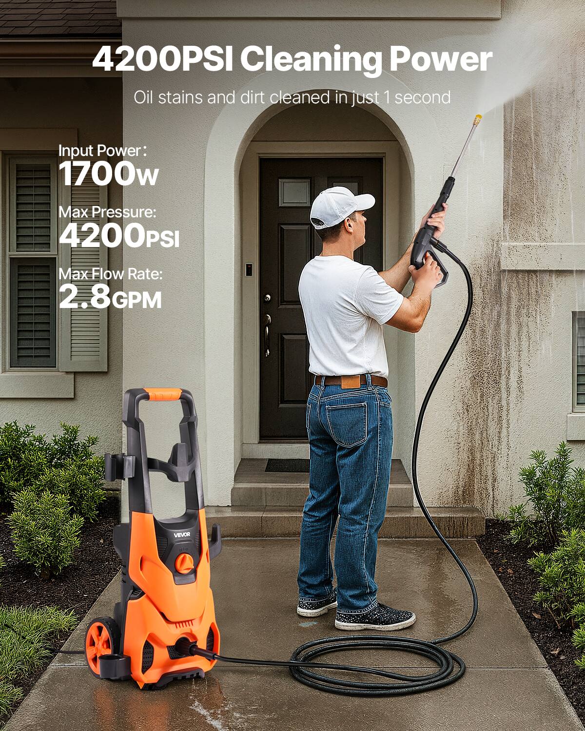 4200PSI Cleaning Power  
Oil stains and dirt cleaned in just 1 second  

Input Power: 1700w  
Max Pressure: 4200PSI  
Max Flow Rate: 2.8GPM  

VEVOR
