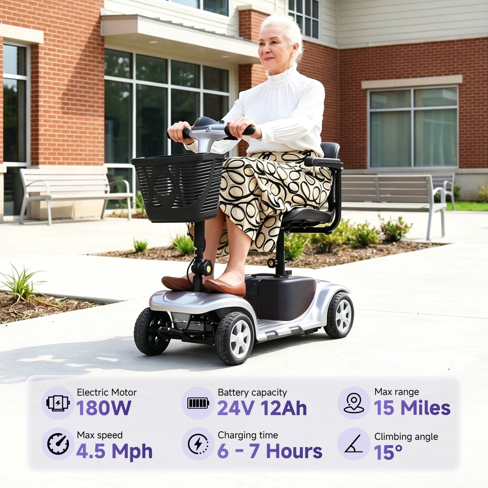 Electric Motor: 180W  
Battery capacity: 24V 12Ah  
Max range: 15 Miles  
Max speed: 4.5 Mph  
Charging time: 6 - 7 Hours  
Climbing angle: 15°