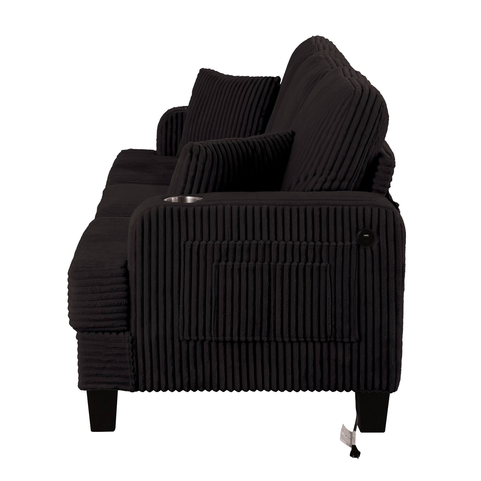 Angle. Vaczon - 84" Upholstered Sofa with USB Charging Ports, Dual Cup Holders, and 2 Throw Pillows, 3-Seat Living Room Couch - Black.