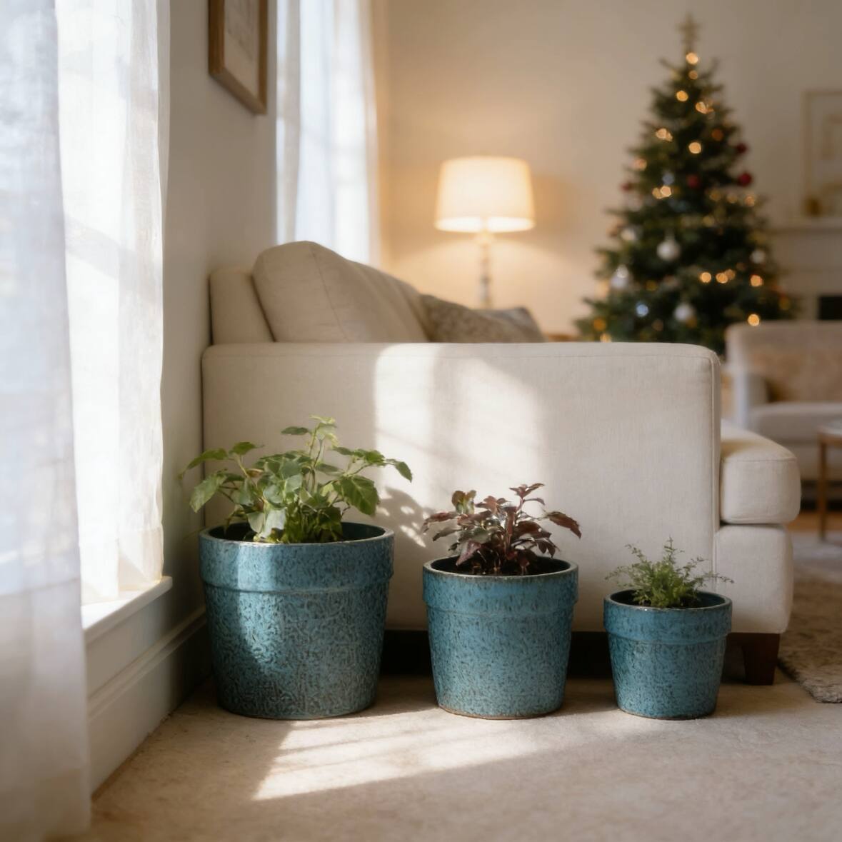 Back. Loheer - Ceramic Planter Set Loheer Handmade Blue Textured Indoor Plant Pots, Set of 3 Breathable Clay Planters 15 12 9 In.