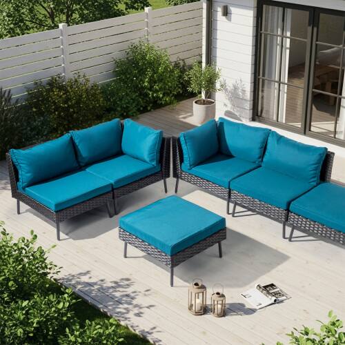 Alt View 9. Winado - 6PCS Patio Rattan Wicker Furniture Set with Ottoman, Pillow, Cushions Sectional Sofa Conversation Set for Indoor Outdoor - Black & Peacock Green Cushion.