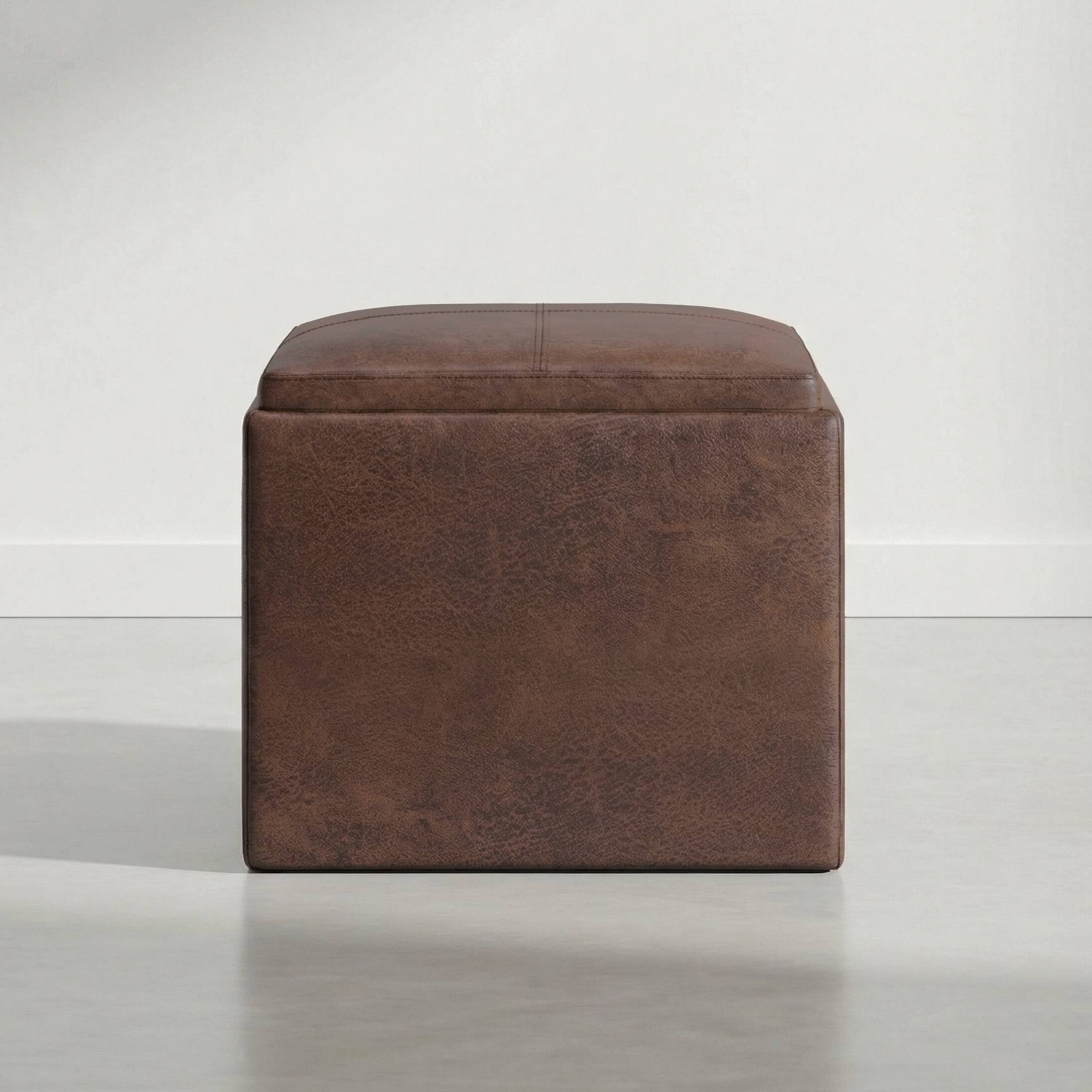 Left. Simpli Home - Rockwood 17 inch Wide Upholstered Vegan Leather Square Storage Ottoman with Tray, Aged Brown - Aged Brown.