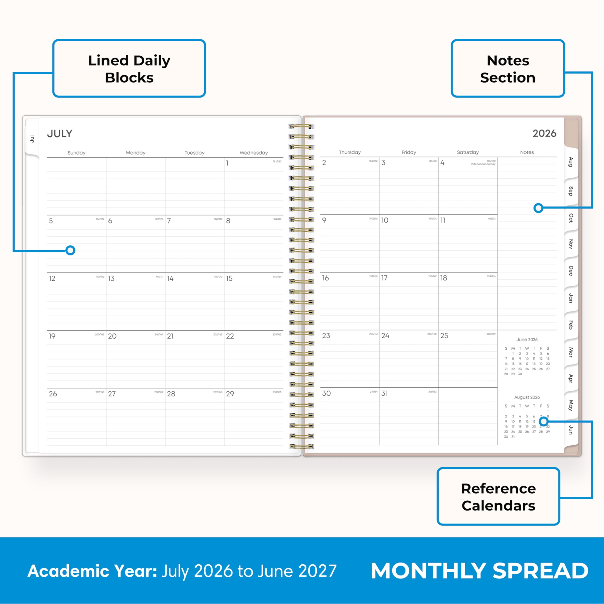 Lined Daily Blocks

Notes Section

JULY
Sunday 5 12 19 26
Monday Tuesday Wednesday 6 7 8 13 14 15 20 21 22 27 28 29
Thursday 2 3 9 10 16 17 23 24 30 31
Friday 4 11 18 25
Saturday Notes

2026

August 2026

Reference Calendars

Academic Year: July 2026 to June 2027

MONTHLY SPREAD