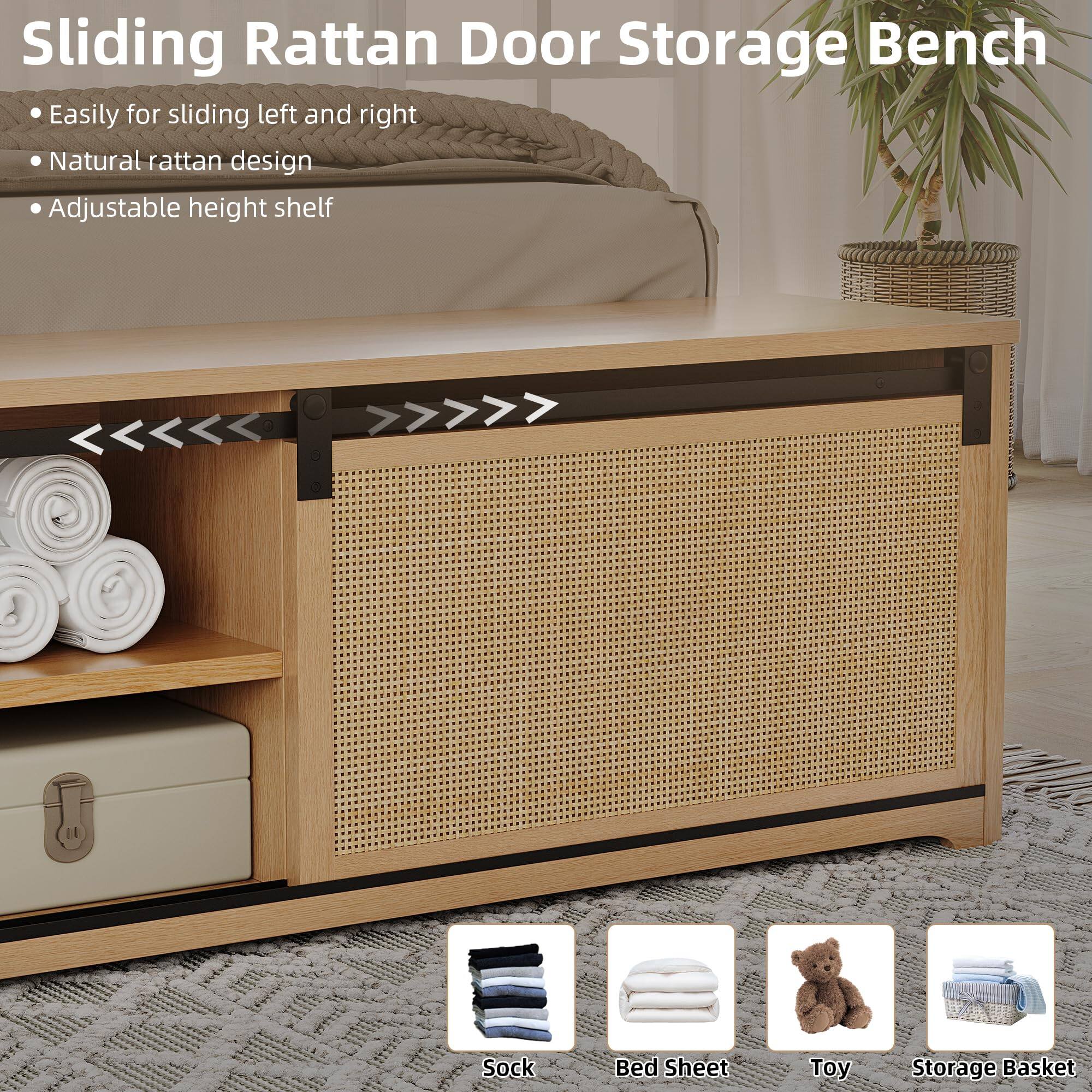 Sliding Rattan Door Storage Bench

- Easily for sliding left and right
- Natural rattan design
- Adjustable height shelf

Sock  
Bed Sheet  
Toy  
Storage Basket