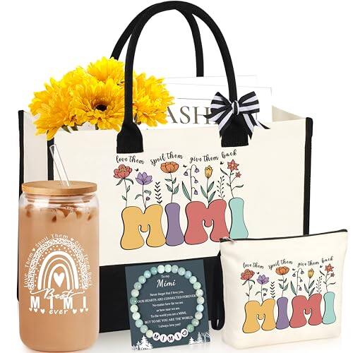 Fabibe - Mama Gifts for Mom Birthday Mother Tote Bag Set from Daughter Son Basket Christmas Makeup 16 Oz Can Glass Bracelet - Mimi Gifts Set