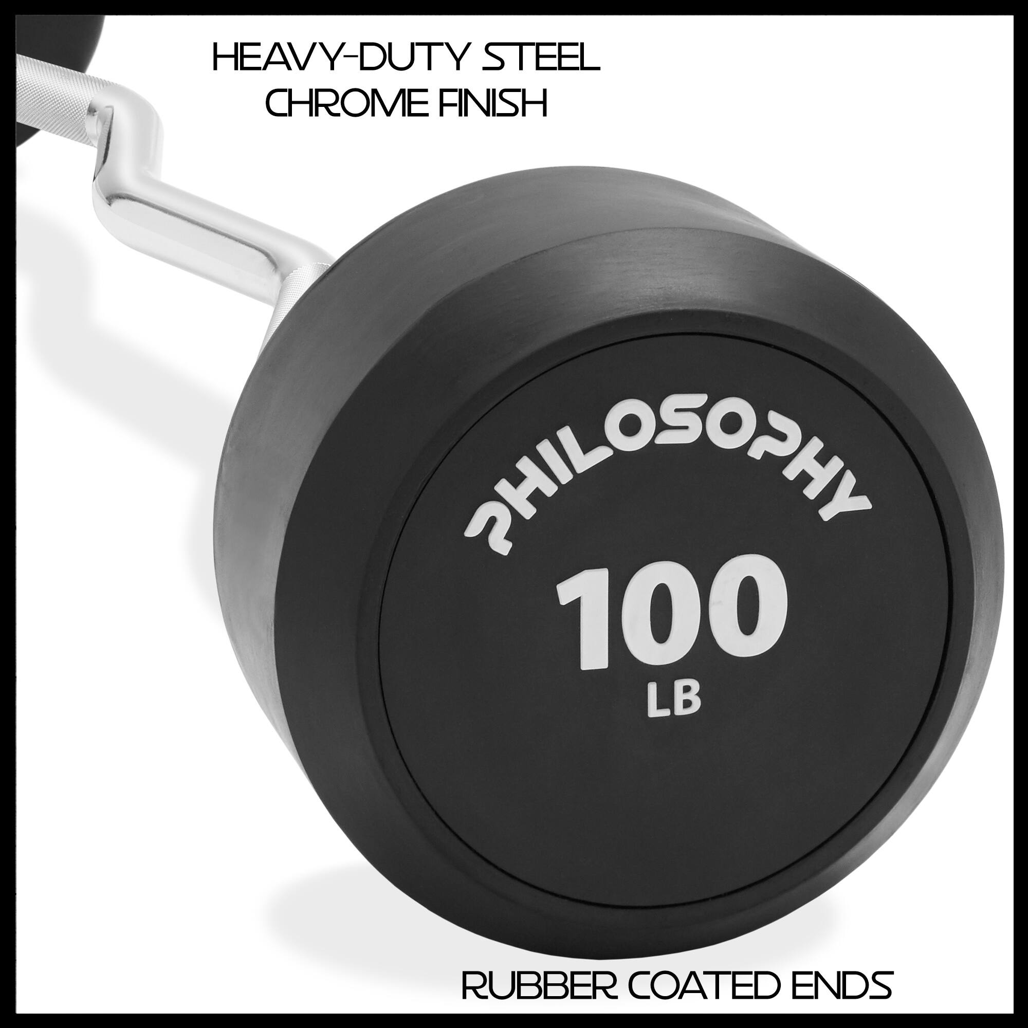 HEAVY-DUTY STEEL  
CHROME FINISH  

PHILOSOPHY  
100 LB  

RUBBER COATED ENDS