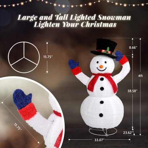 Large and Tall Lighted Snowman  
Lighten Your Christmas  

- Height: 4ft (38.58")  
- Width: 23.62"  
- Depth: 15.75"  
- Hat Height: 8.66"  
- Foot Diameter: 15.75"  
- Body Diameter: 33.07"