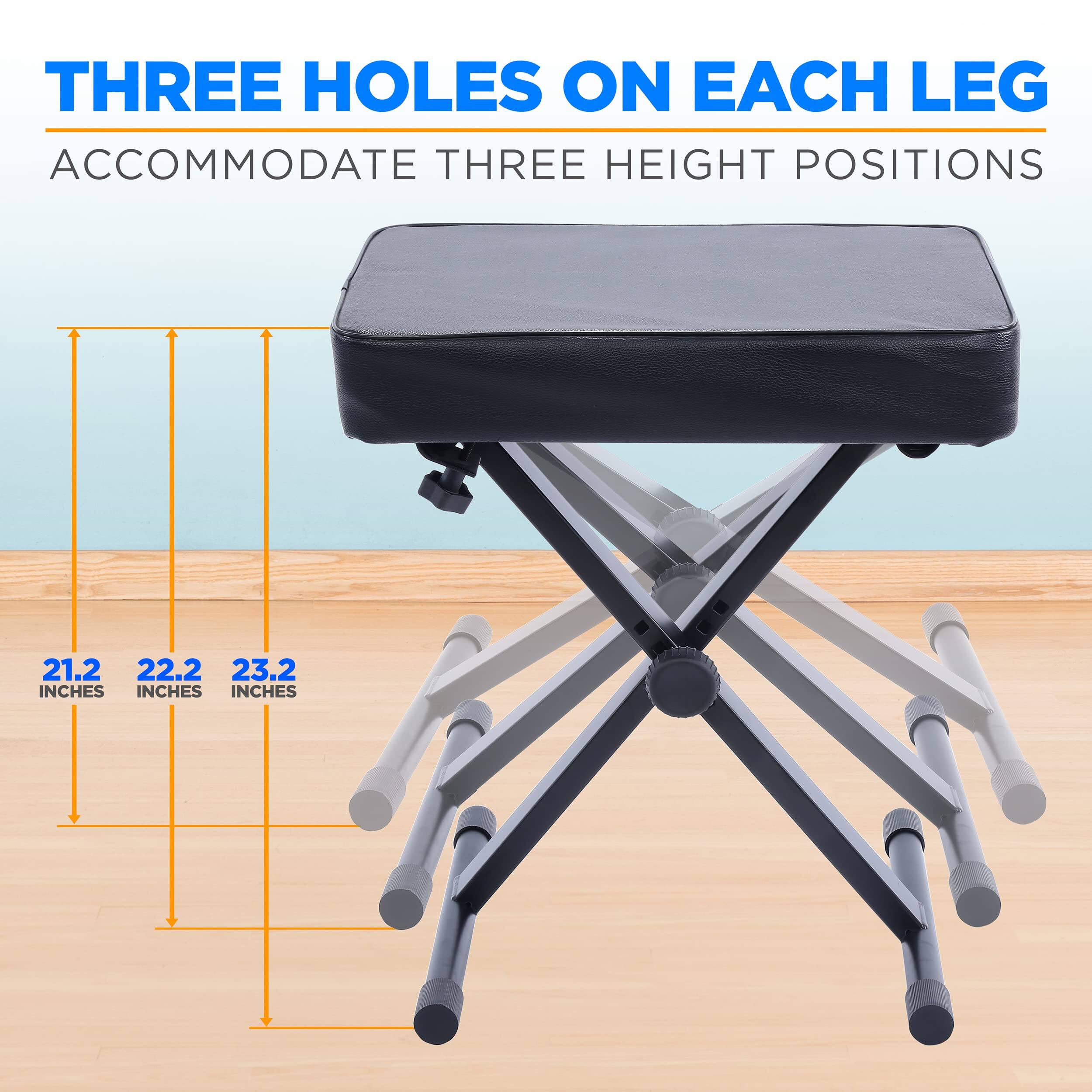 THREE HOLES ON EACH LEG ACCOMMODATE THREE HEIGHT POSITIONS

21.2 INCHES  
22.2 INCHES  
23.2 INCHES