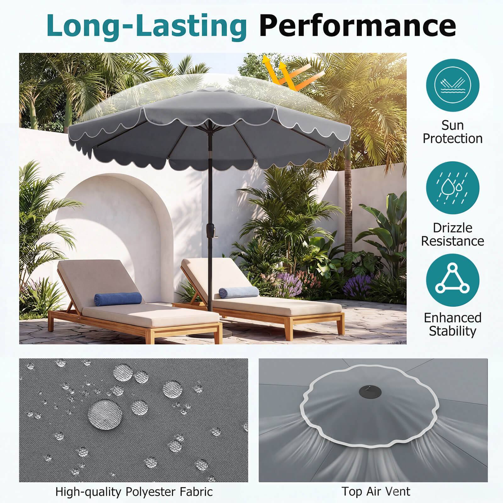 Long-Lasting Performance  
Sun Protection  
Drizzle Resistance  
Enhanced Stability  
High-quality Polyester Fabric  
Top Air Vent