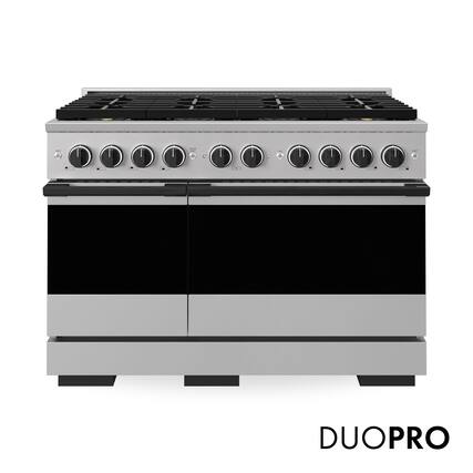 Front. ZLINE - Autograph 48 in. 6.7 cu. ft. Marino Freestanding DuoPro Dual Fuel Range with Convection Oven & Black Accents - Stainless Steel.