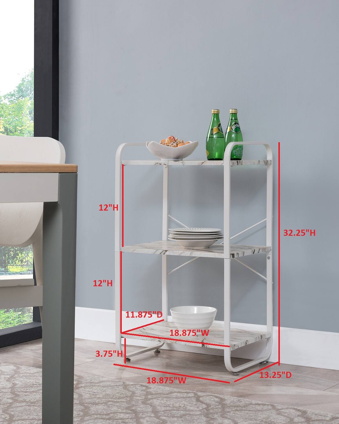 - 12" H
- 12" H
- 32.25" H
- 11.875" D
- 18.875" W
- 3.75" H
- 18.875" W
- 13.25" D