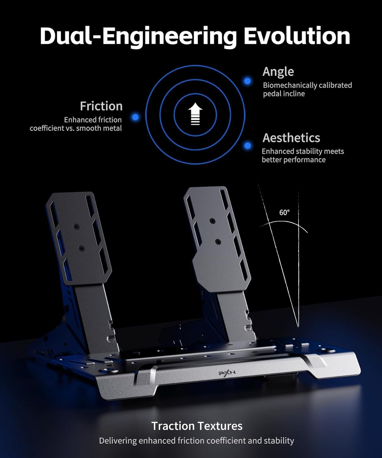 Dual-Engineering Evolution

- Friction: Enhanced friction coefficient vs. smooth metal
- Angle: Biomechanically calibrated pedal incline
- Aesthetics: Enhanced stability meets better performance
- Traction Textures: Delivering enhanced friction coefficient and stability