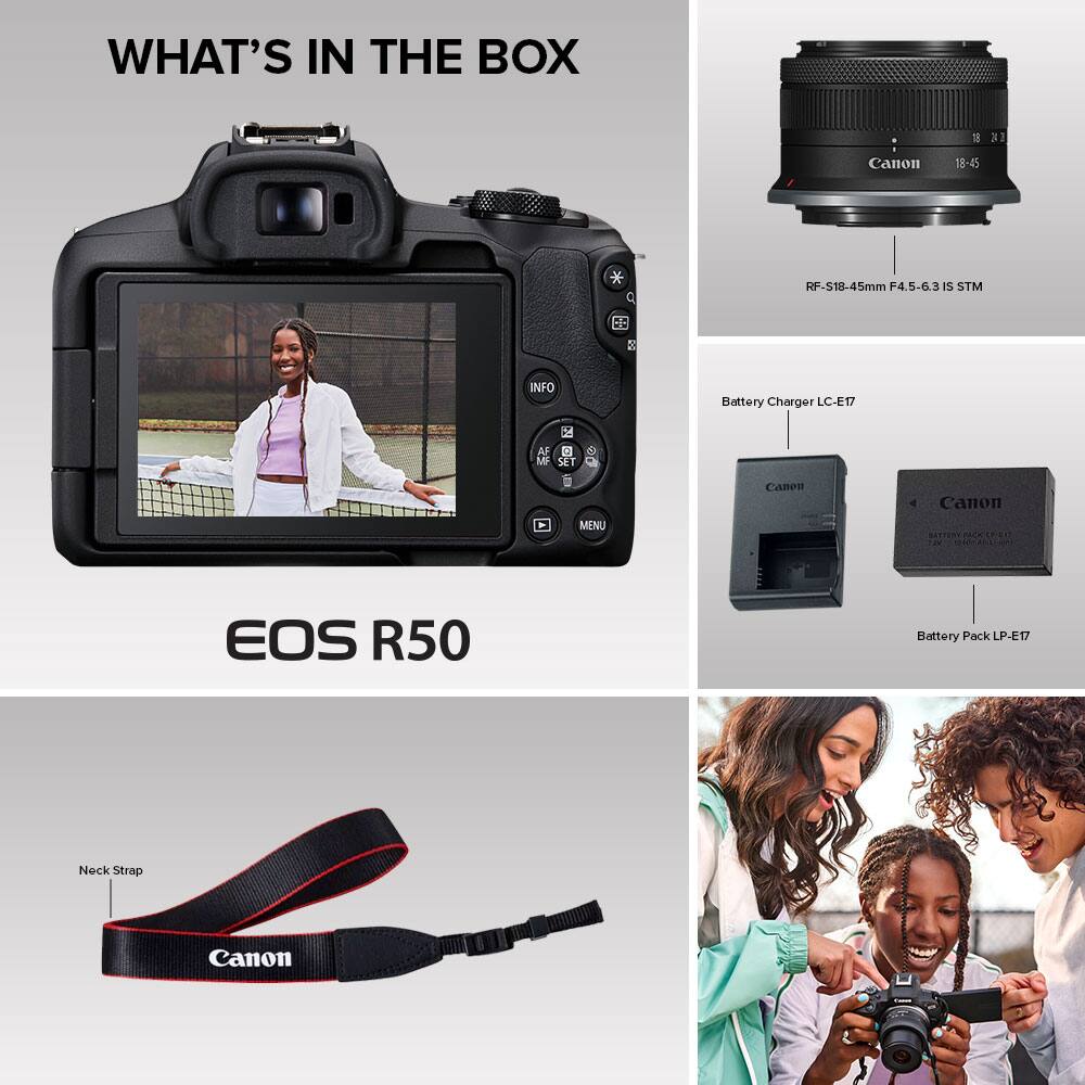 The text on the image is grouped and corrected as follows:

1. What's in the Box: Canon EOS R50, 18-45mm f/4.5-6.3 IS STM lens, Battery Charger LC-E17, Battery Pack LP-E17, Neck Strap, Canon EOS R50, Battery Pack LP-E17, Neck Strap, Canon EOS R50, Battery Pack LP-E17, Neck Strap, Canon EOS R50, Battery Pack LP-E17, Neck Strap, Canon EOS R50, Battery Pack LP-E17, Neck Strap, Canon EOS R50, Battery Pack LP-E17, Neck Strap, Canon EOS R50, Battery Pack LP-E17, Neck Strap, Canon EOS R50, Battery Pack LP-E17, Neck Strap, Canon EOS R50, Battery Pack LP-E17, Neck Strap, Canon EOS R50, Battery Pack LP-E17, Neck Strap, Canon EOS R50, Battery Pack LP-E17, Neck Strap, Canon EOS R50, Battery Pack LP-E17, Neck Strap, Canon EOS R50, Battery Pack LP-E17, Neck Strap, Canon EOS R50, Battery Pack LP-E17, Neck Strap, Canon EOS R50, Battery Pack LP-E17, Neck Strap, Canon EOS R50, Battery Pack LP-E17, Neck Strap, Canon EOS R50, Battery Pack LP-E17, Neck Strap, Canon EOS R50, Battery Pack LP-E17, Neck Strap, Canon EOS R50, Battery Pack LP-E17, Neck Strap, Canon EOS R50, Battery Pack LP-E17,